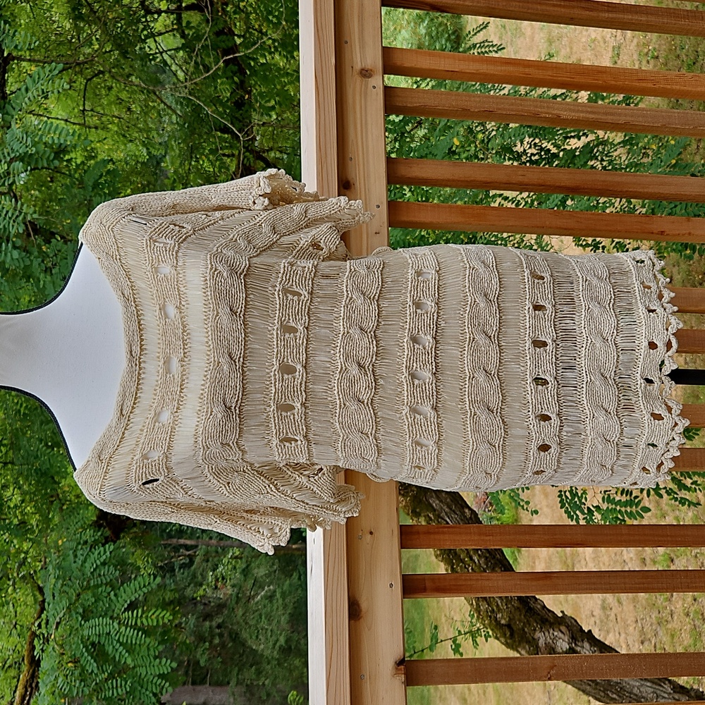 Forever 21 F21 Crochet Tunic Dress Boat Neck Boho Dark Cream Beige Sz L